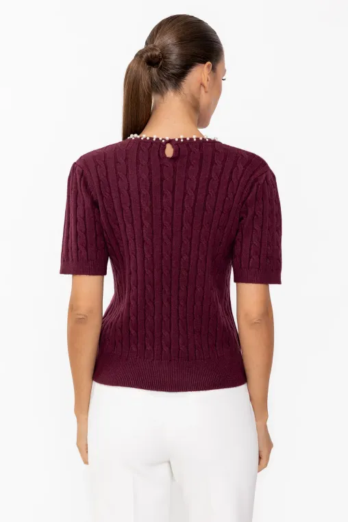 Bluză cu torsade și perle burgundy BDP60805 thumbnail picture - 
