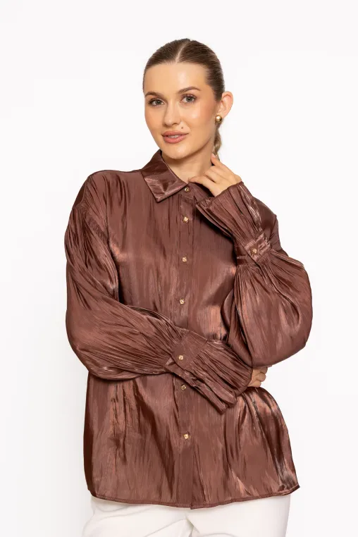 Bluză elegantă cu mâneci bufante maro BLM60808 thumbnail picture - 