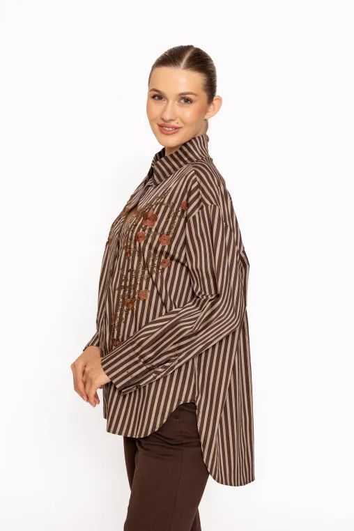 Cămașă oversize din bumbac în dungi cu broderie maro BLM60801 thumbnail picture - 