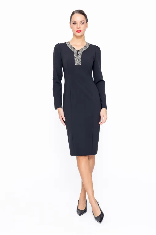 Rochie Caramel conică cu aplicație neagră R8586 thumbnail picture - 