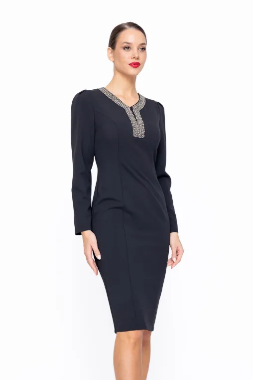 Rochie Caramel conică cu aplicație neagră R8586 thumbnail picture - 