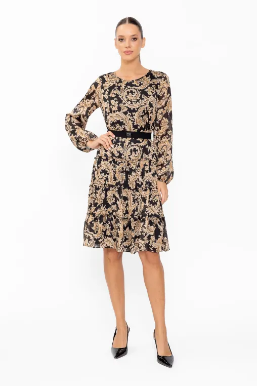 Rochie Caramel din voal cu imprimeu baroc și cordon detașabil R8650 thumbnail picture - 