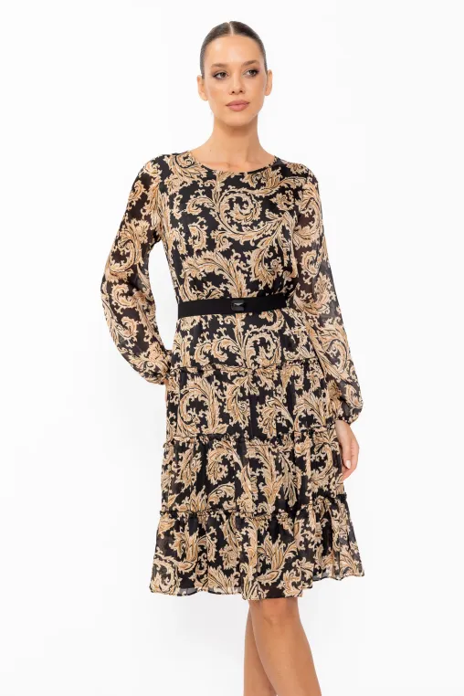 Rochie Caramel din voal cu imprimeu baroc și cordon detașabil R8650 thumbnail picture - 