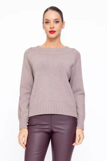 Pulover decolteu bărcuță cu paiete discrete taupe BLU1102