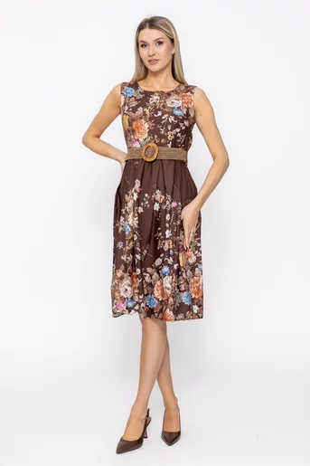 Rochie bumbac cu pliuri și curea maro RBR60505