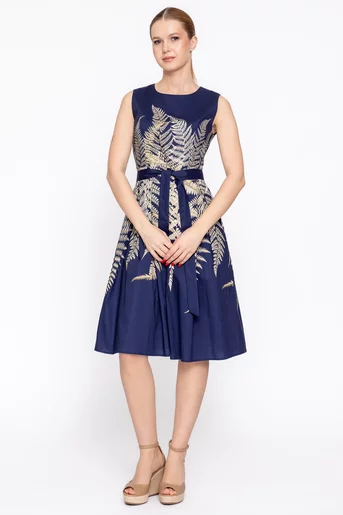 Rochie bumbac imprimeu ferigi bleumarin RBD60202