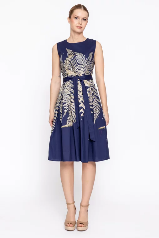 Rochie bumbac imprimeu ferigi bleumarin RBD60202 thumbnail picture - 