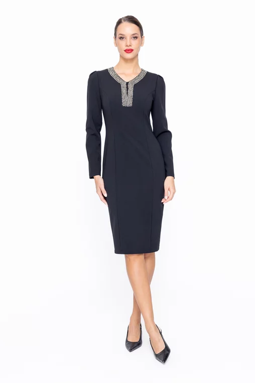 Rochie Caramel conică cu aplicație neagră R8586 thumbnail picture - 