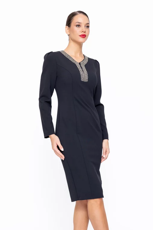 Rochie Caramel conică cu aplicație neagră R8586 thumbnail picture - 