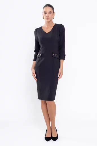 Rochie Caramel conică cu clape și nasturi neagră R8560