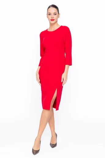 Rochie Caramel conică din stofă cu șliț pe picior roșie R8573