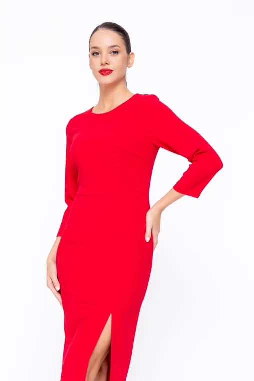 Rochie Caramel conică din stofă cu șliț pe picior roșie R8573 thumbnail picture - 