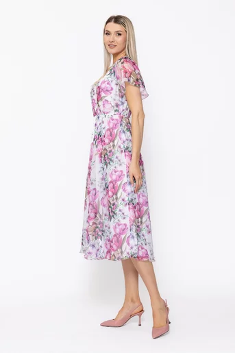 Rochie Caramel decolteu suprapus ivory-roz R8625