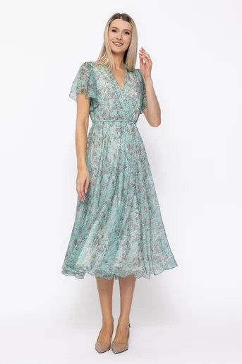 Rochie Caramel decolteu suprapus turcoaz R8625
