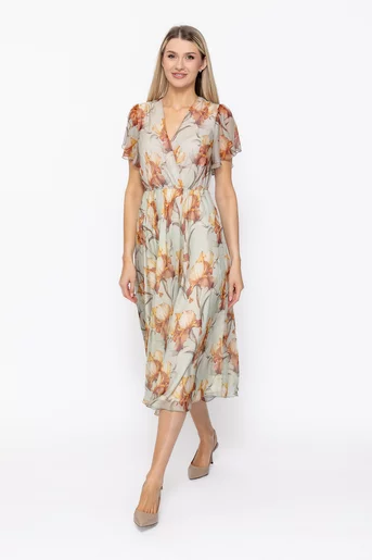 Rochie Caramel decolteu suprapus vernil-maro R8625