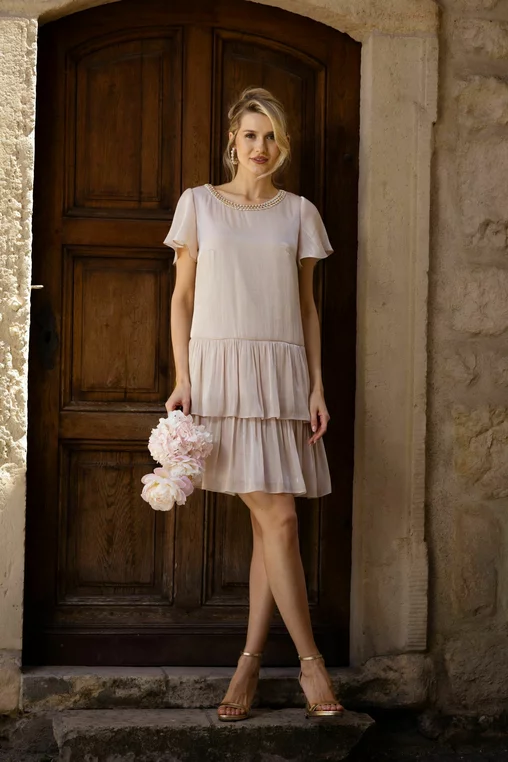Rochie Caramel din voal cu volane și accesoriu bej R8630 thumbnail picture - 
