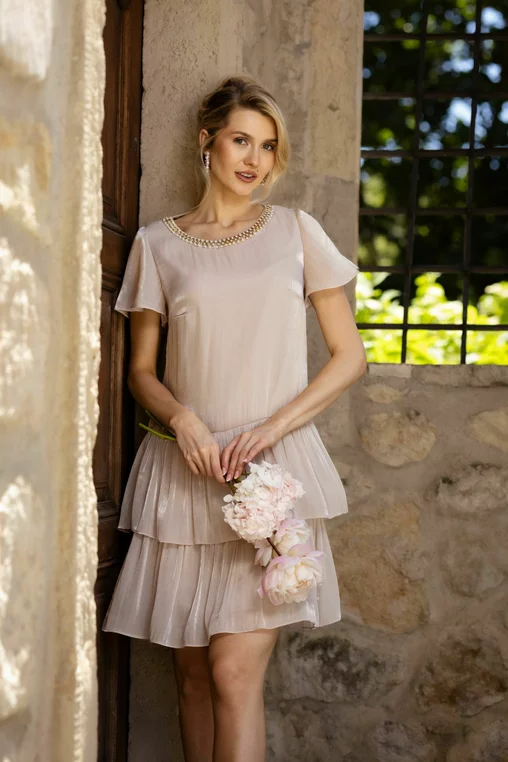 Rochie Caramel din voal cu volane și accesoriu bej R8630 thumbnail picture - 