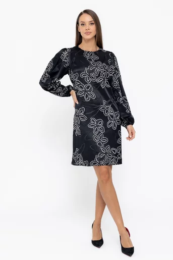 Rochie Caramel dreaptă cu flori neagră R8574