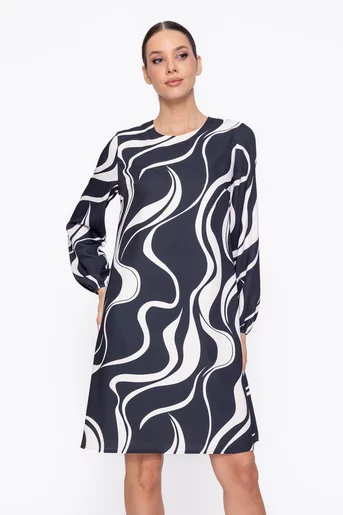 Rochie Caramel dreaptă imprimeu abstract negru-crem R8610