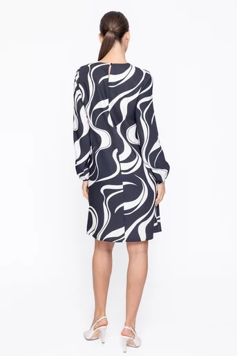 Rochie Caramel dreaptă imprimeu abstract negru-crem R8610