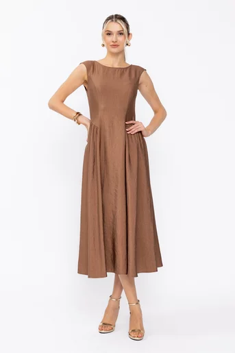 Rochie Caramel elegantă cu creți laterali maro R8631