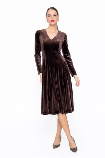 Rochie Caramel elegantă din catifea cu decolteu în v maro R8584