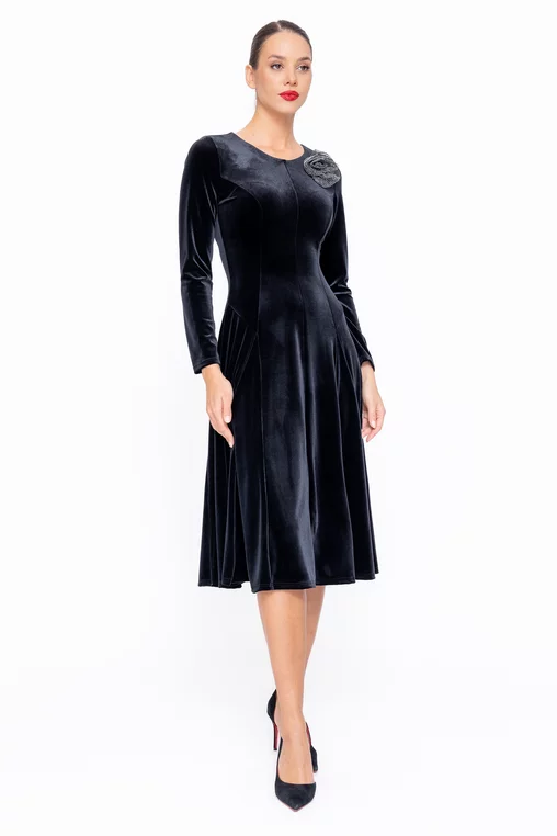 Rochie Caramel elegantă din catifea cu floare neagră R8577 thumbnail picture - 