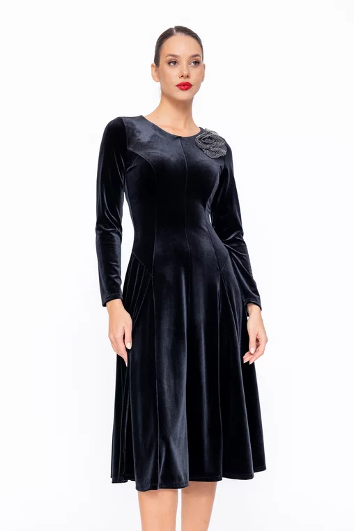 Rochie Caramel elegantă din catifea cu floare neagră R8577 thumbnail picture - 