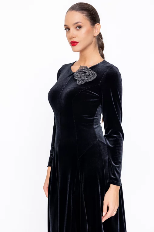 Rochie Caramel elegantă din catifea cu floare neagră R8577 thumbnail picture - 