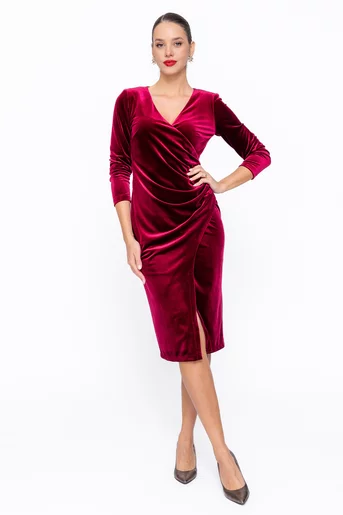 Rochie Caramel elegantă din catifea suprapusa burgundy R8575