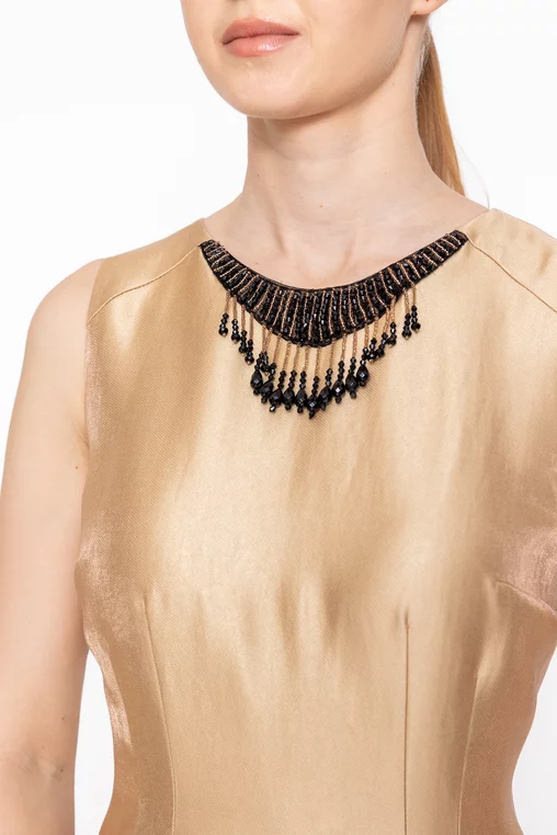 Rochie Caramel elegantă din tafta aurie  cu aplicație R8624 thumbnail picture - 