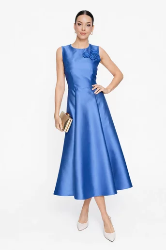 Rochie Caramel elegantă din tafta cu flori decorative albastră R8620