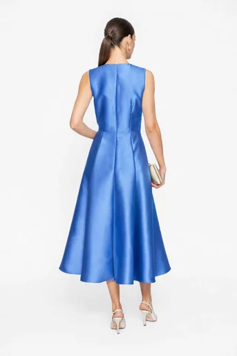 Rochie Caramel elegantă din tafta cu flori decorative albastră R8620