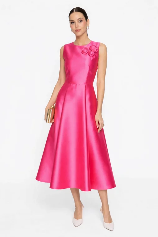 Rochie Caramel elegantă din tafta cu flori decorative fucsia R8620 thumbnail picture - 