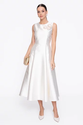 Rochie Caramel elegantă din tafta cu flori decorative ivory R8620