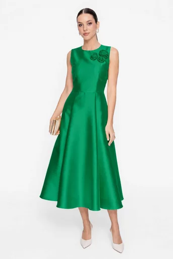 Rochie Caramel elegantă din tafta cu flori decorative verde R8620