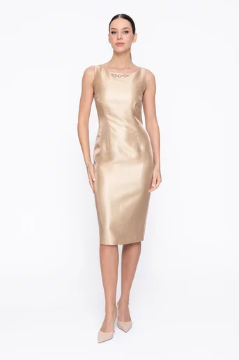 Rochie Caramel elegantă din vâscoză satinată aurie R8615