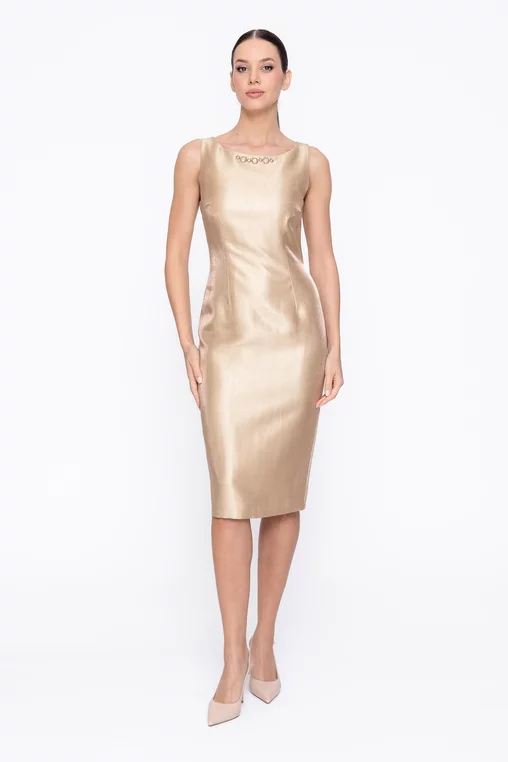 Rochie Caramel elegantă din vâscoză satinată aurie R8615 thumbnail picture - 
