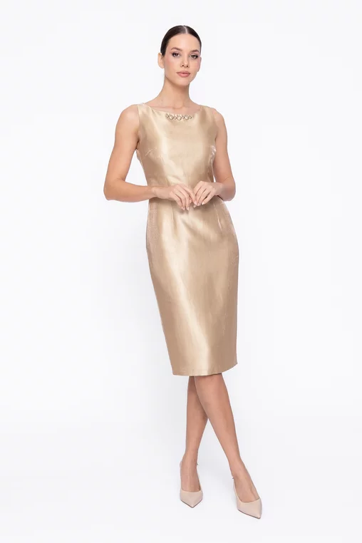 Rochie Caramel elegantă din vâscoză satinată aurie R8615 thumbnail picture - 