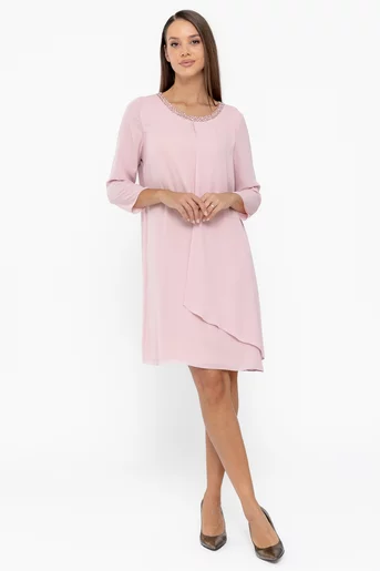 Rochie Caramel elegantă din voal cu aplicatie mărgele roz R8611