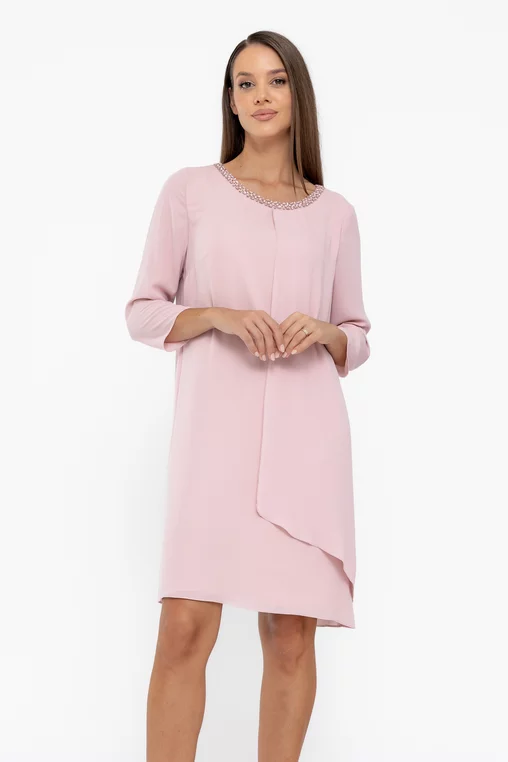 Rochie Caramel elegantă din voal cu aplicatie mărgele roz R8611 thumbnail picture - 