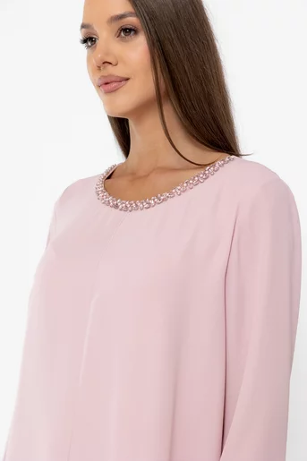 Rochie Caramel elegantă din voal cu aplicatie mărgele roz R8611