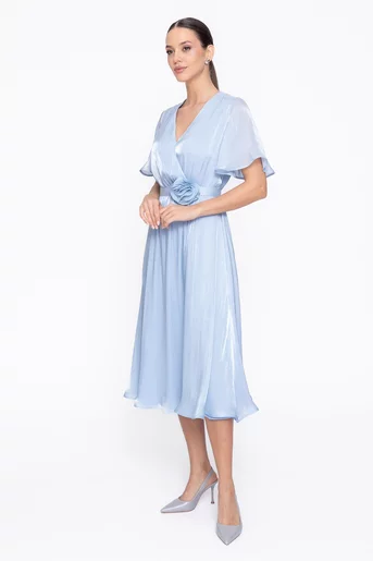 Rochie Caramel elegantă din voal cu cordon și floare bleu R8623