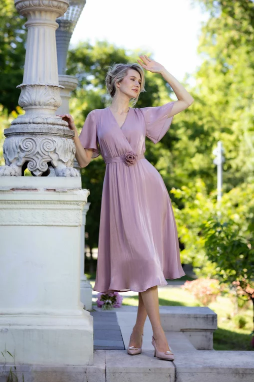 Rochie Caramel elegantă din voal cu cordon și floare roz pudră R8623 thumbnail picture - 