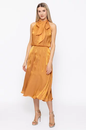 Rochie Caramel elegantă din voal cu eșarfă cărămizie R8627