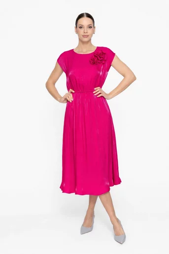 Rochie Caramel elegantă din voal cu flori decorative fucsia R8622