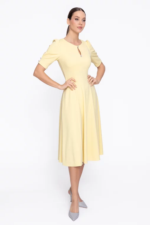 Rochie Caramel elegantă in clini cu nasturi decorativi galbenă R8608 thumbnail picture - 