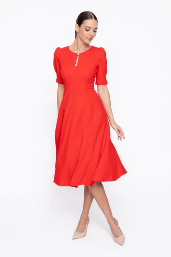 Rochie Caramel elegantă in clini cu nasturi decorativi roșie R8608
