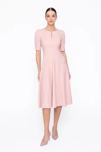 Rochie Caramel elegantă in clini cu nasturi decorativi roz R8608