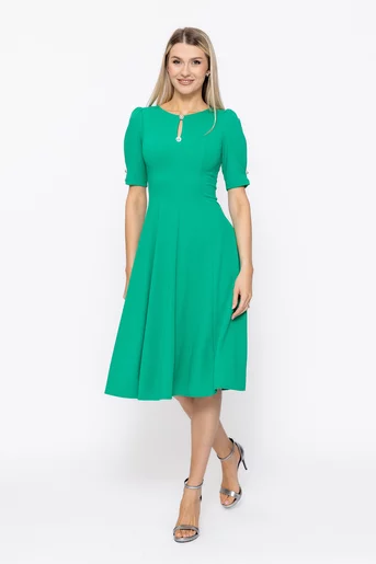 Rochie Caramel elegantă in clini cu nasturi decorativi verde R8608